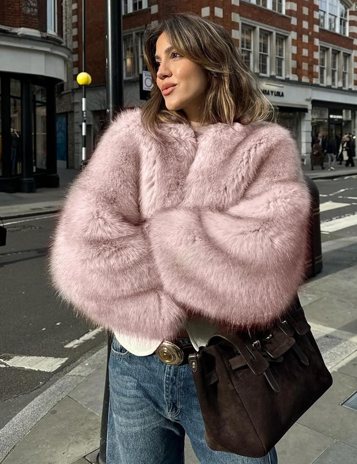 image:imageWyeysyt Women Faux Fur Coat Cropped Fur Fluffy Winter Warm CoatPink