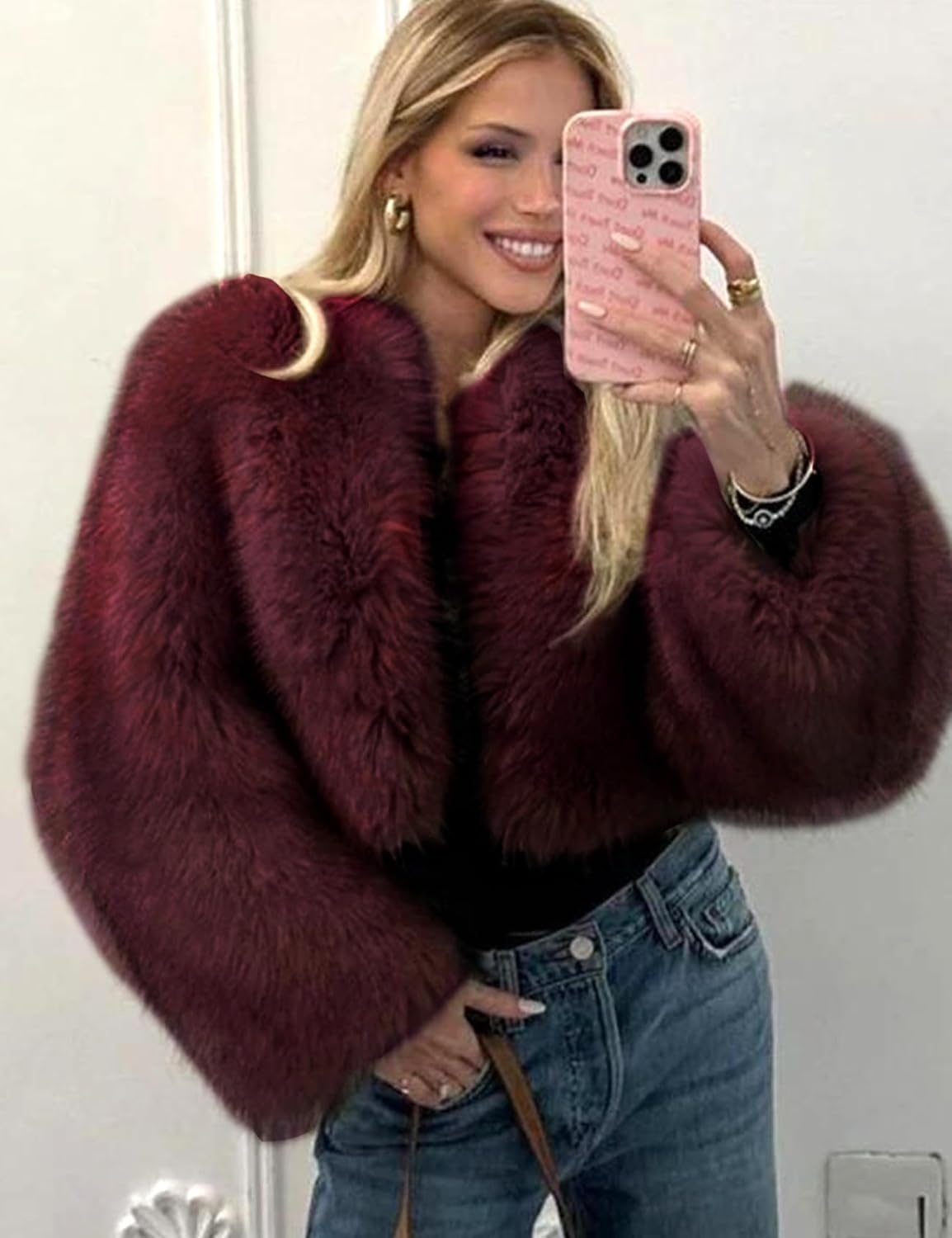 image:imageWyeysyt Women Faux Fur Coat Cropped Fur Fluffy Winter Warm CoatWinered
