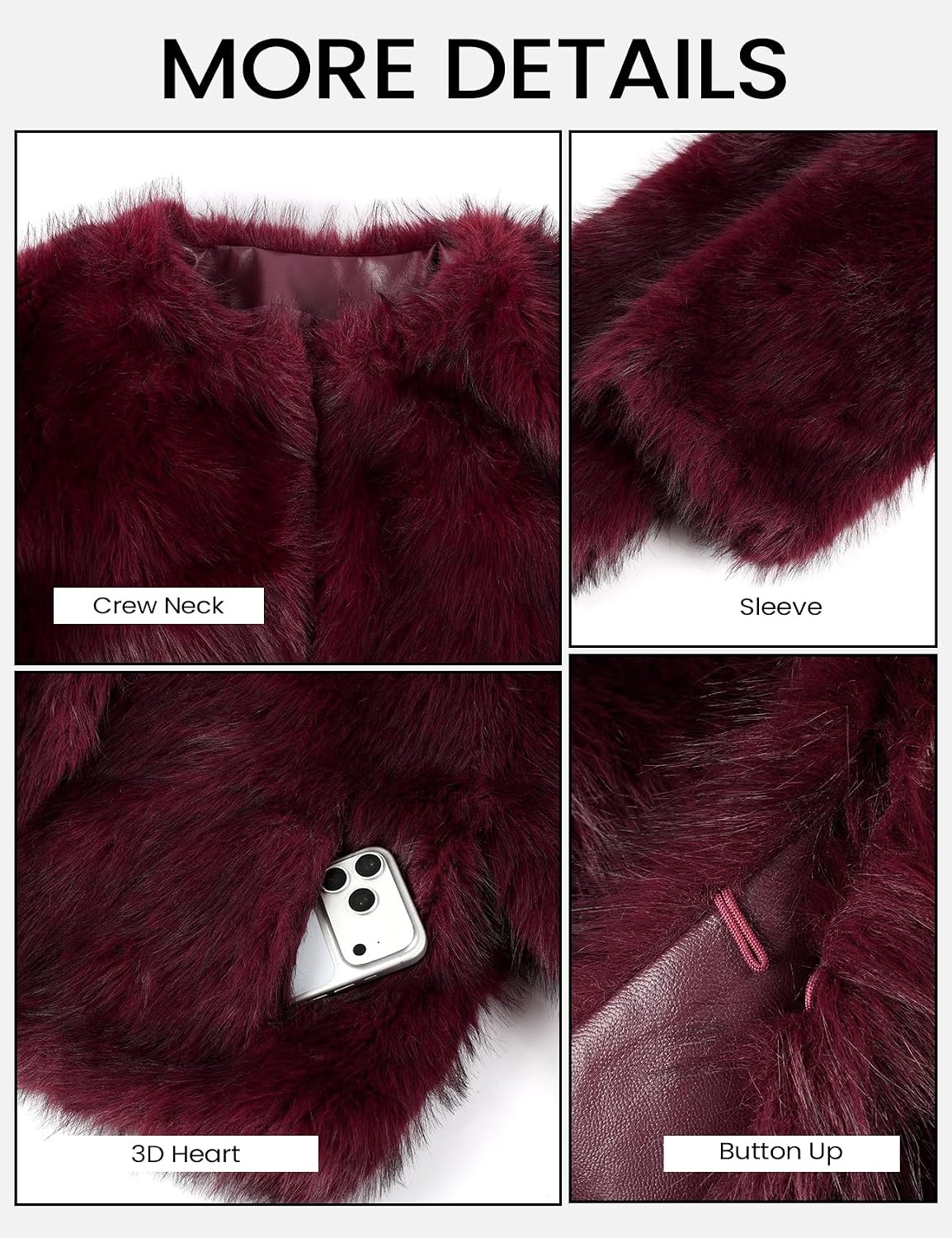 image:imageWyeysyt Women Faux Fur Coat Cropped Fur Fluffy Winter Warm CoatWinered