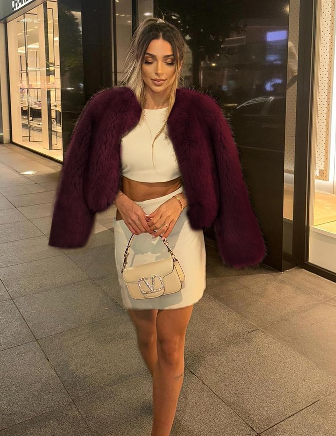 image:imageWyeysyt Women Faux Fur Coat Cropped Fur Fluffy Winter Warm CoatWinered
