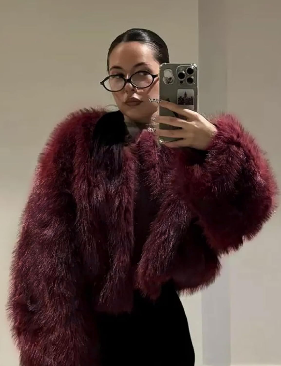 image:imageWyeysyt Women Faux Fur Coat Cropped Fur Fluffy Winter Warm CoatWinered