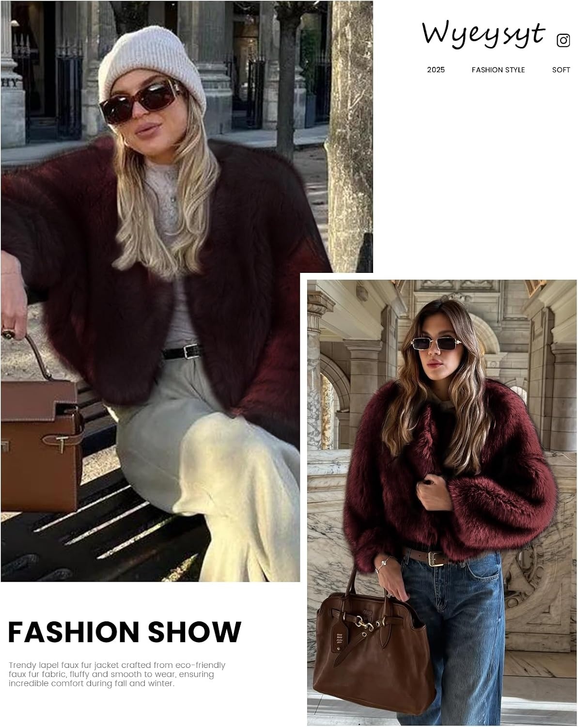 image:imageWyeysyt Women Faux Fur Coat Cropped Fur Fluffy Winter Warm CoatWinered
