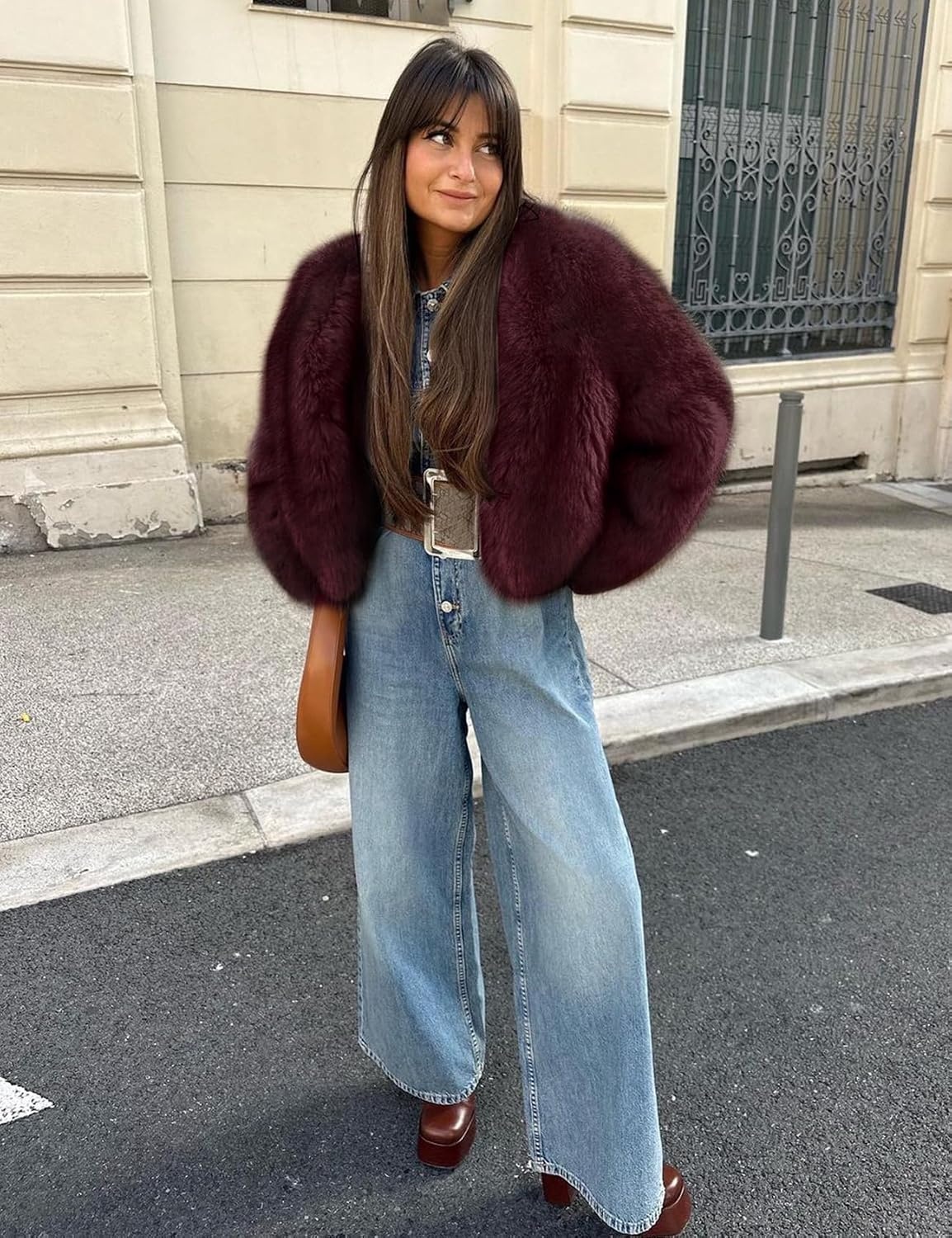 image:imageWyeysyt Women Faux Fur Coat Cropped Fur Fluffy Winter Warm CoatWinered