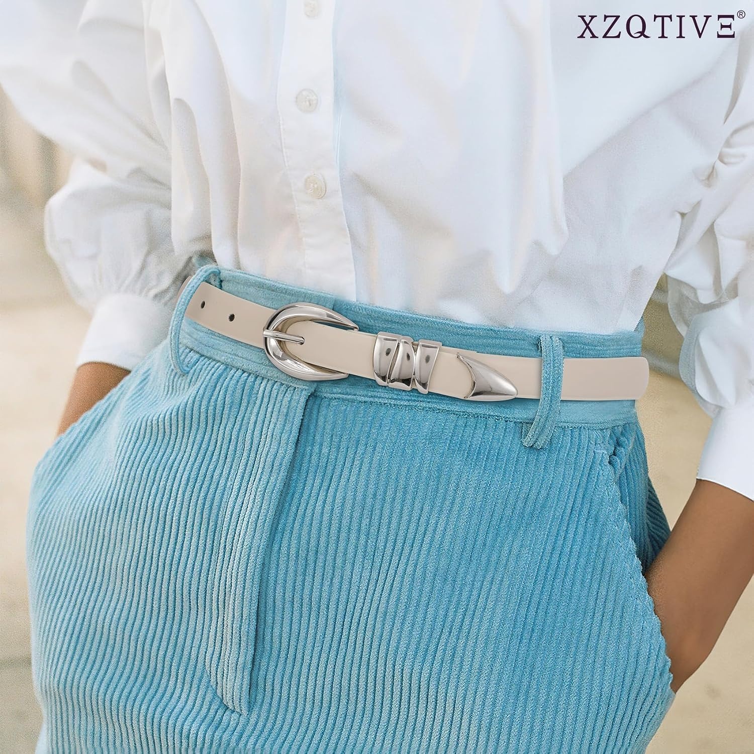 image:imageXZQTIVE Womens Skinny Leather Belts Ladies Thin Waist Belts for Jeans Dress Pants Trendy Black Belt with Gold BuckleBeigesilver Buckle