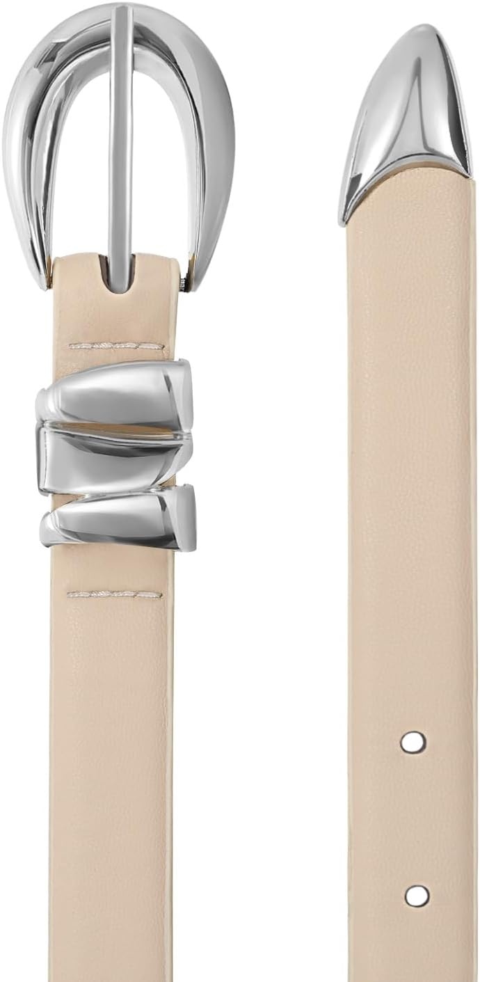 image:imageXZQTIVE Womens Skinny Leather Belts Ladies Thin Waist Belts for Jeans Dress Pants Trendy Black Belt with Gold BuckleBeigesilver Buckle