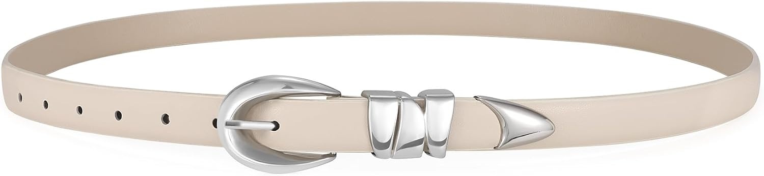 image:imageXZQTIVE Womens Skinny Leather Belts Ladies Thin Waist Belts for Jeans Dress Pants Trendy Black Belt with Gold BuckleBeigesilver Buckle