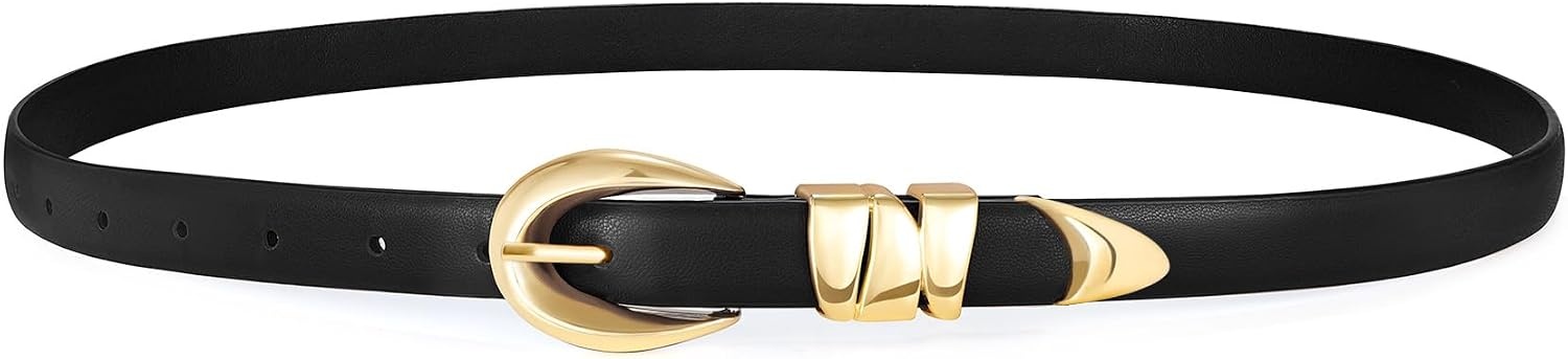 image:imageXZQTIVE Womens Skinny Leather Belts Ladies Thin Waist Belts for Jeans Dress Pants Trendy Black Belt with Gold BuckleBlackgolden Buckle