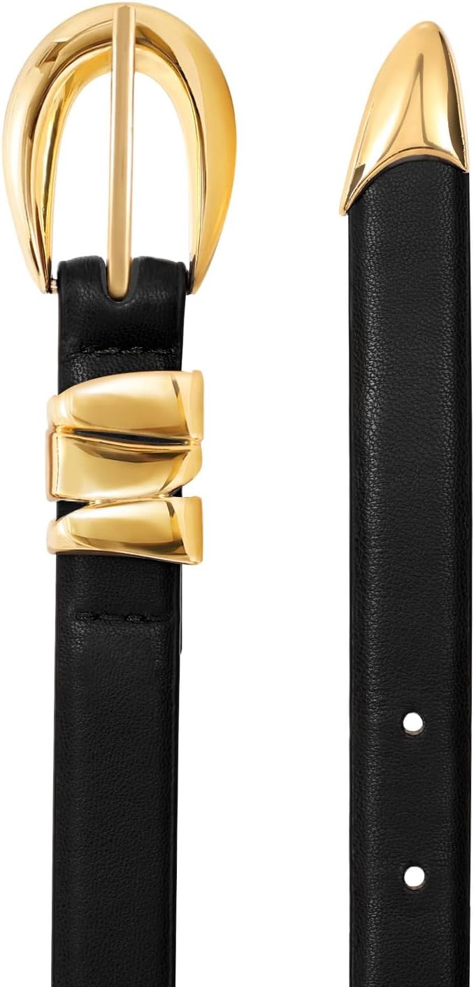 image:imageXZQTIVE Womens Skinny Leather Belts Ladies Thin Waist Belts for Jeans Dress Pants Trendy Black Belt with Gold BuckleBlackgolden Buckle