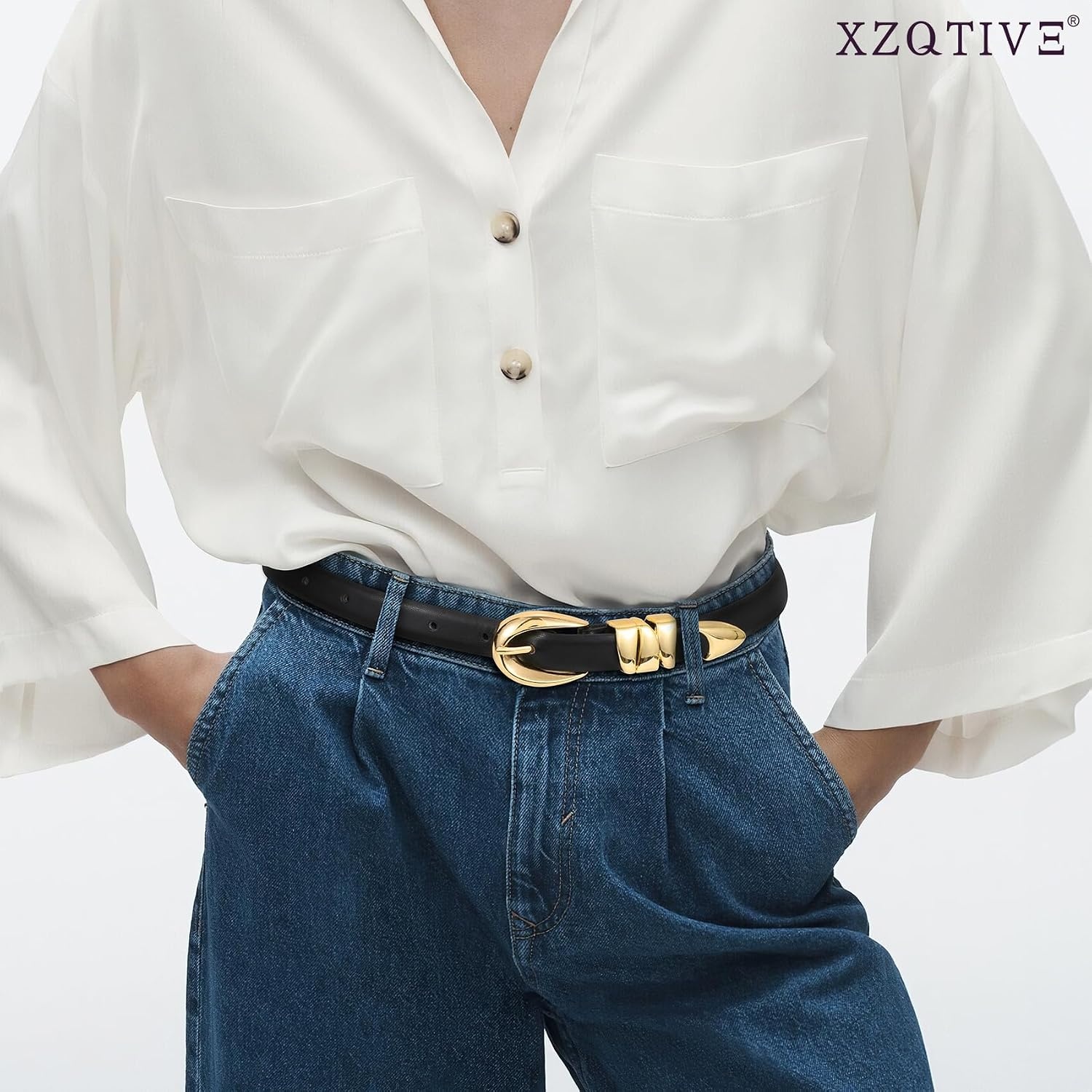 image:imageXZQTIVE Womens Skinny Leather Belts Ladies Thin Waist Belts for Jeans Dress Pants Trendy Black Belt with Gold BuckleBlackgolden Buckle