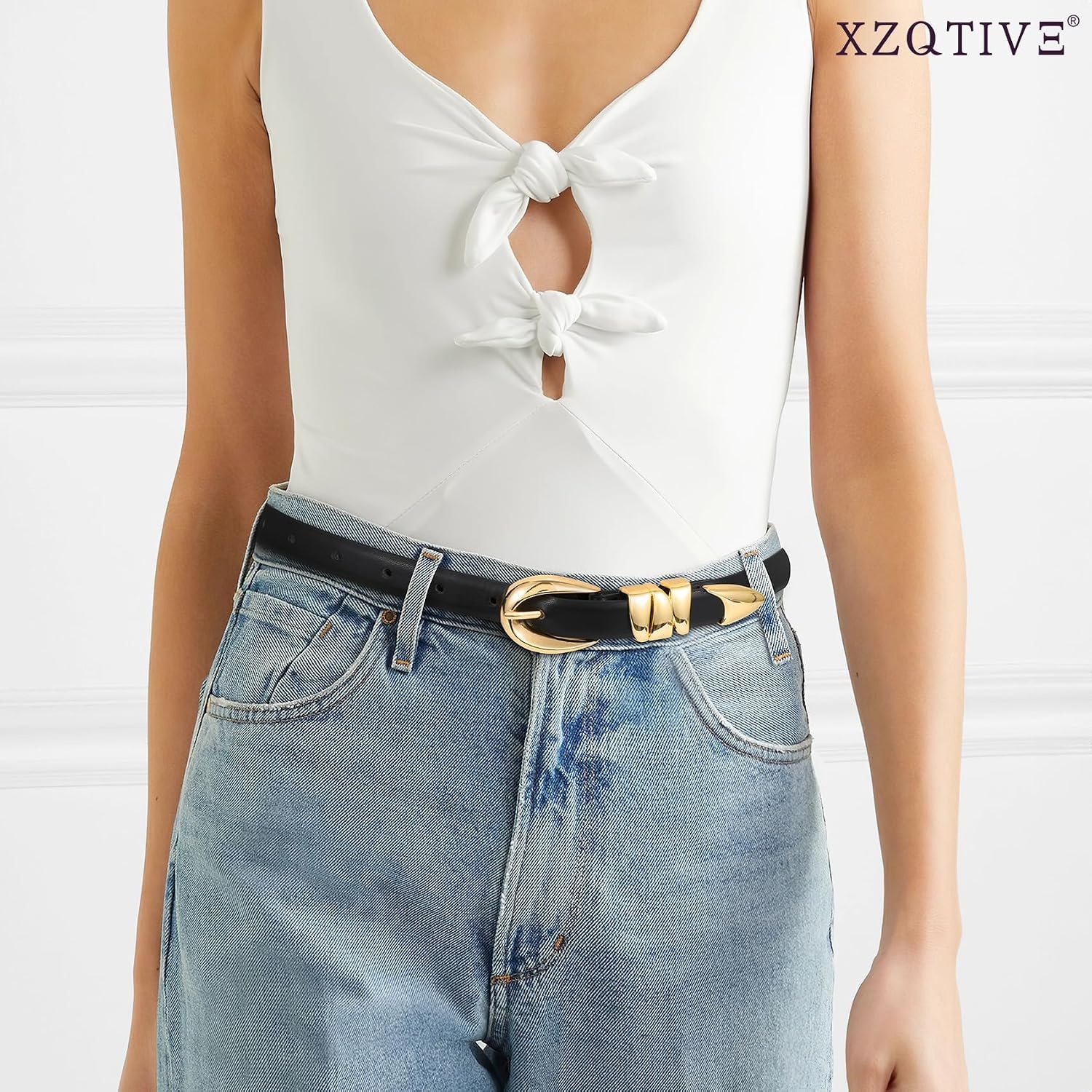 image:imageXZQTIVE Womens Skinny Leather Belts Ladies Thin Waist Belts for Jeans Dress Pants Trendy Black Belt with Gold BuckleBlackgolden Buckle