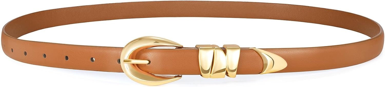 image:imageXZQTIVE Womens Skinny Leather Belts Ladies Thin Waist Belts for Jeans Dress Pants Trendy Black Belt with Gold BuckleBrowngolden Buckle