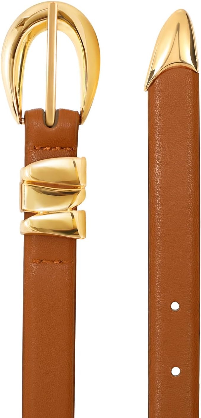 image:imageXZQTIVE Womens Skinny Leather Belts Ladies Thin Waist Belts for Jeans Dress Pants Trendy Black Belt with Gold BuckleBrowngolden Buckle