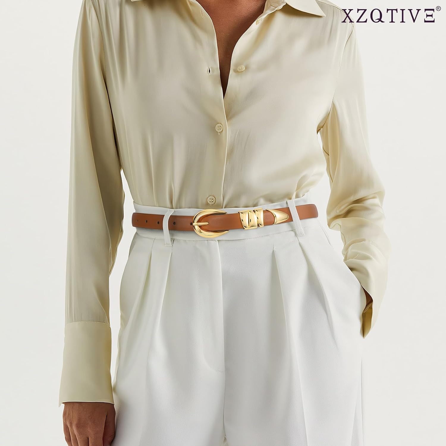 image:imageXZQTIVE Womens Skinny Leather Belts Ladies Thin Waist Belts for Jeans Dress Pants Trendy Black Belt with Gold BuckleBrowngolden Buckle