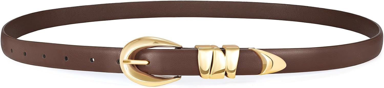 image:imageXZQTIVE Womens Skinny Leather Belts Ladies Thin Waist Belts for Jeans Dress Pants Trendy Black Belt with Gold BuckleDark Browngolden Buckle