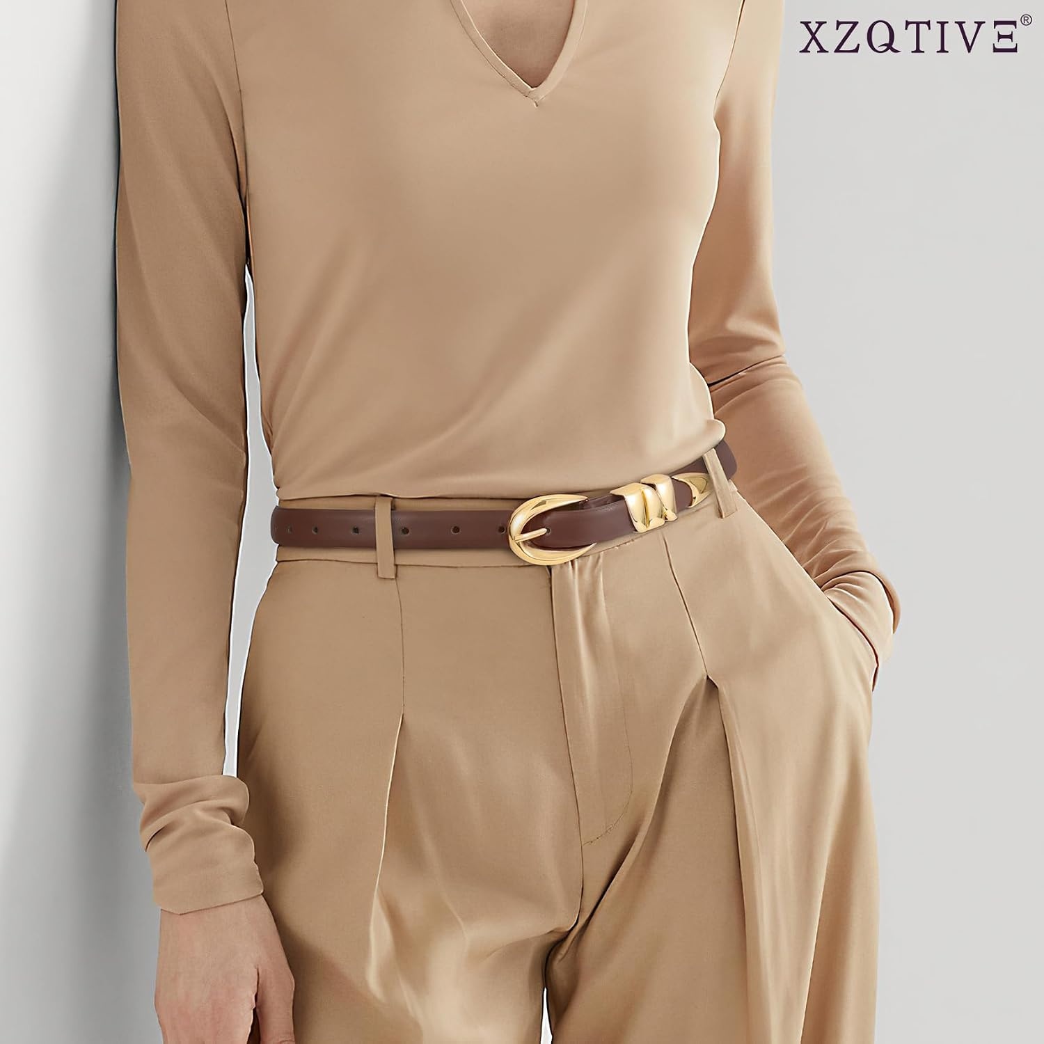 image:imageXZQTIVE Womens Skinny Leather Belts Ladies Thin Waist Belts for Jeans Dress Pants Trendy Black Belt with Gold BuckleDark Browngolden Buckle