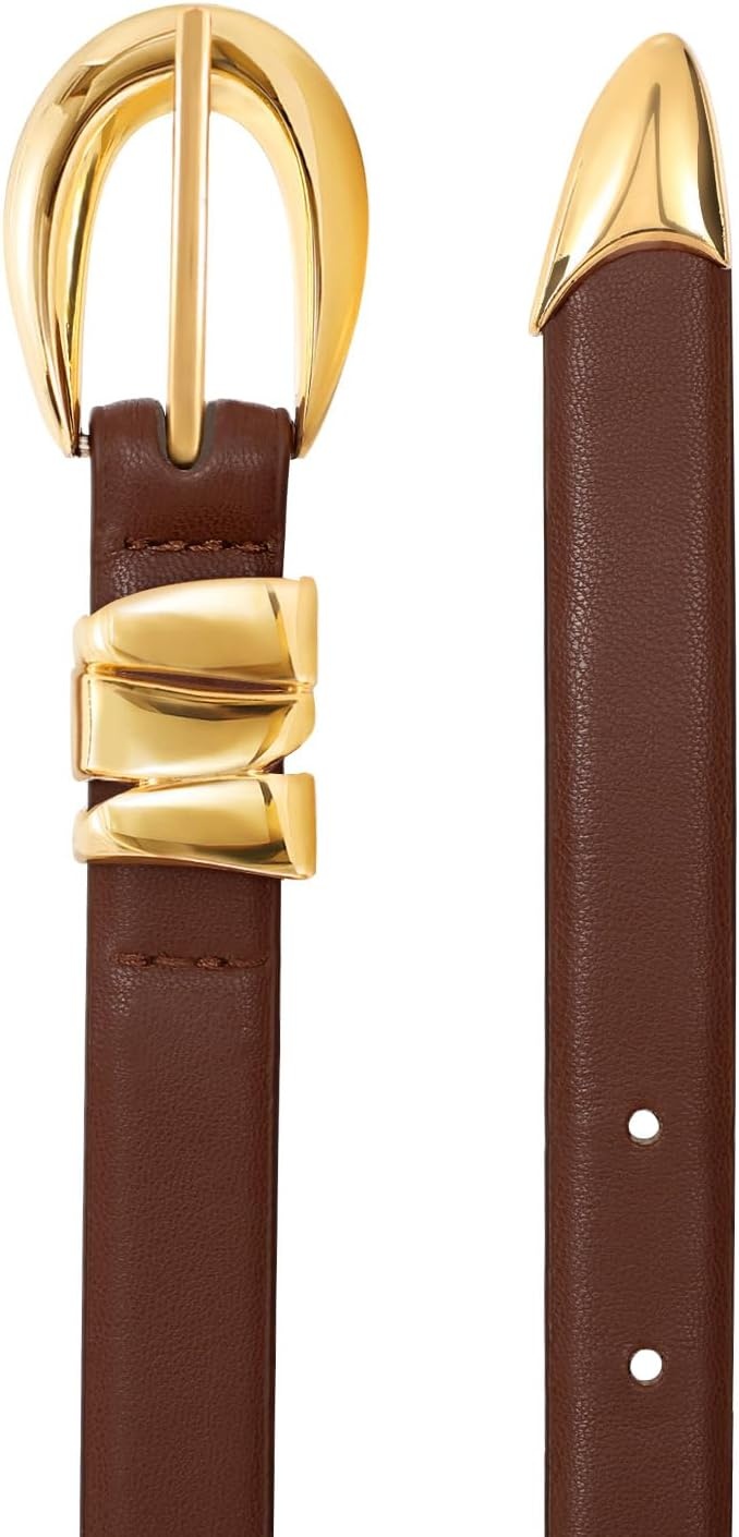 image:imageXZQTIVE Womens Skinny Leather Belts Ladies Thin Waist Belts for Jeans Dress Pants Trendy Black Belt with Gold BuckleDark Browngolden Buckle