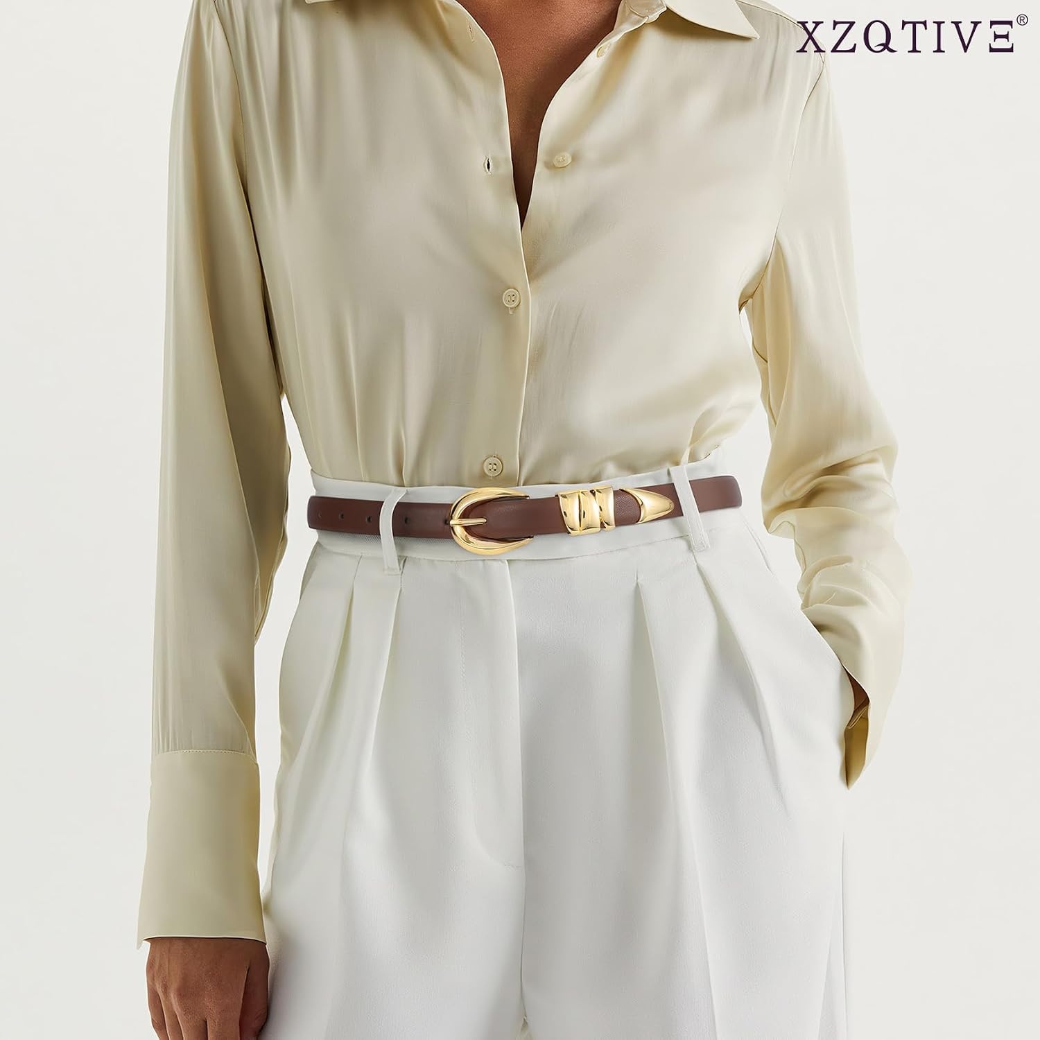 image:imageXZQTIVE Womens Skinny Leather Belts Ladies Thin Waist Belts for Jeans Dress Pants Trendy Black Belt with Gold BuckleDark Browngolden Buckle