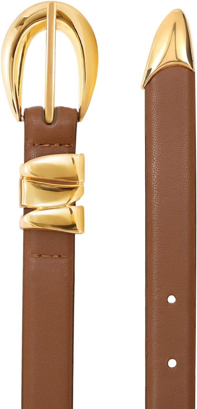 image:imageXZQTIVE Womens Skinny Leather Belts Ladies Thin Waist Belts for Jeans Dress Pants Trendy Black Belt with Gold BuckleKhakigolden Buckle