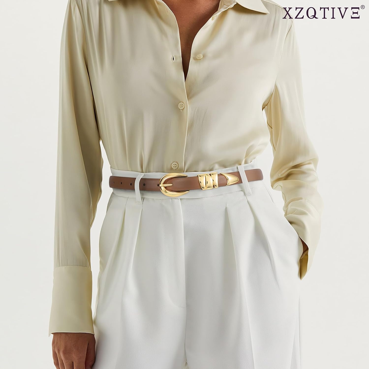 image:imageXZQTIVE Womens Skinny Leather Belts Ladies Thin Waist Belts for Jeans Dress Pants Trendy Black Belt with Gold BuckleKhakigolden Buckle