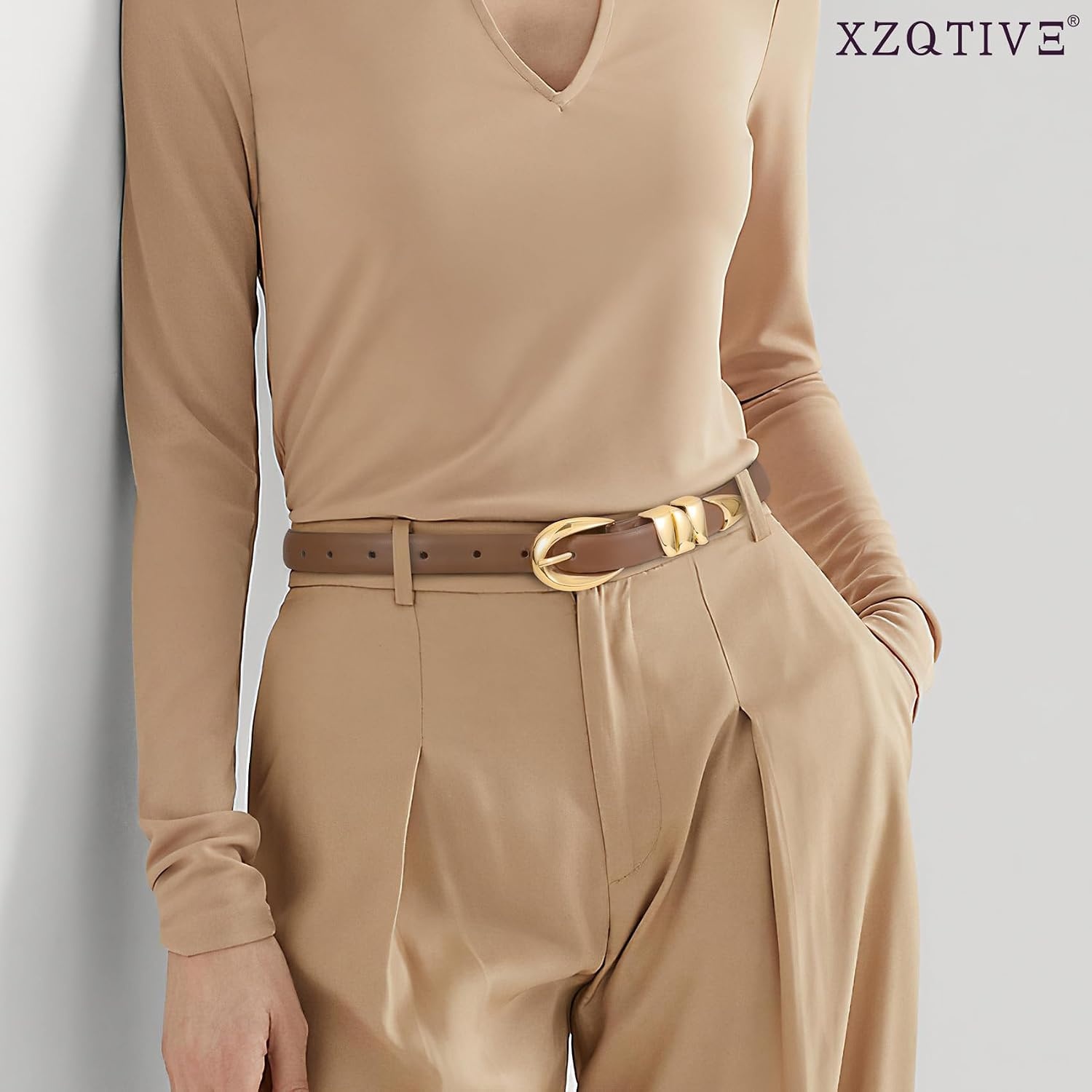 image:imageXZQTIVE Womens Skinny Leather Belts Ladies Thin Waist Belts for Jeans Dress Pants Trendy Black Belt with Gold BuckleKhakigolden Buckle