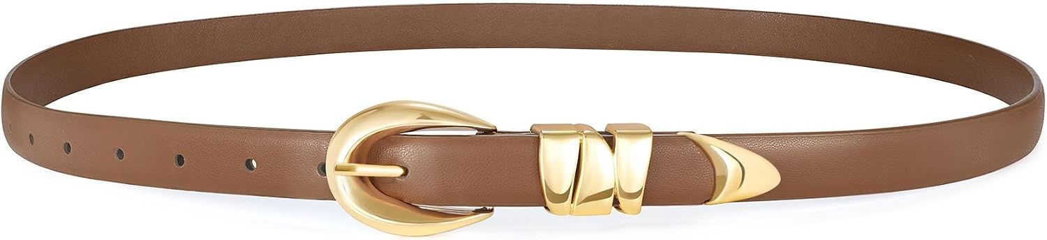 image:imageXZQTIVE Womens Skinny Leather Belts Ladies Thin Waist Belts for Jeans Dress Pants Trendy Black Belt with Gold BuckleKhakigolden Buckle