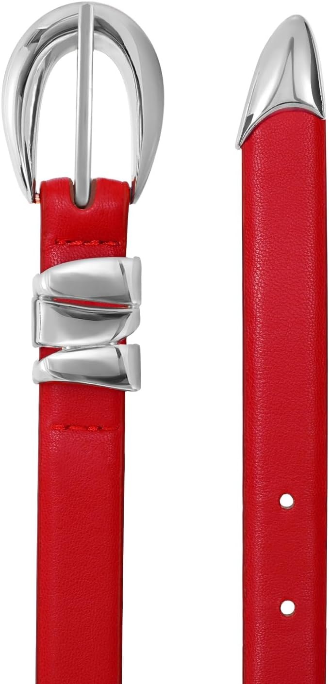 image:imageXZQTIVE Womens Skinny Leather Belts Ladies Thin Waist Belts for Jeans Dress Pants Trendy Black Belt with Gold BuckleRedsilver Buckle
