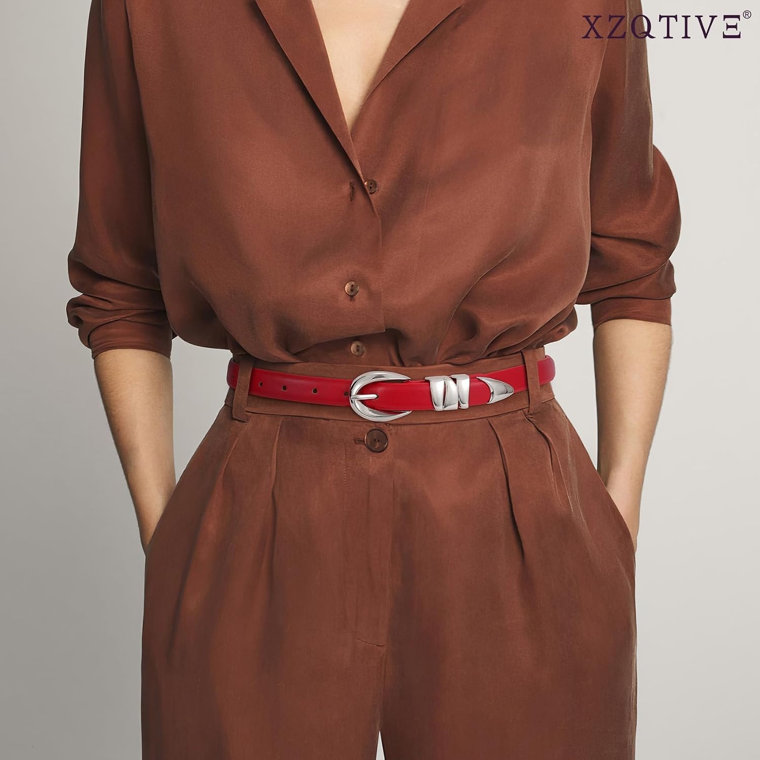 image:imageXZQTIVE Womens Skinny Leather Belts Ladies Thin Waist Belts for Jeans Dress Pants Trendy Black Belt with Gold BuckleRedsilver Buckle