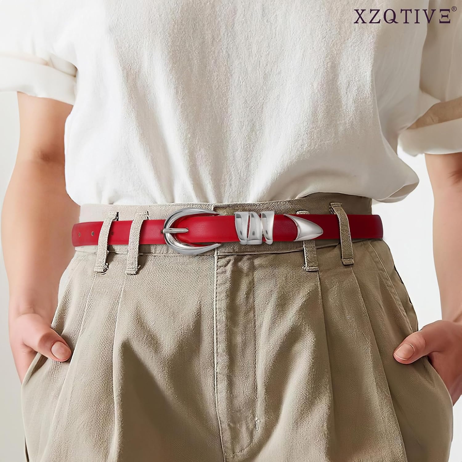 image:imageXZQTIVE Womens Skinny Leather Belts Ladies Thin Waist Belts for Jeans Dress Pants Trendy Black Belt with Gold BuckleRedsilver Buckle