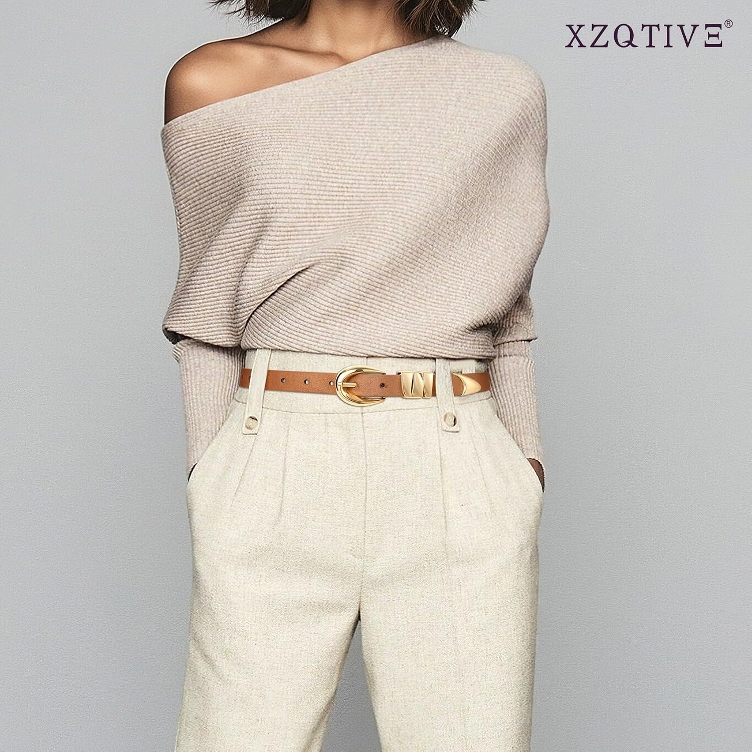 image:imageXZQTIVE Womens Skinny Leather Belts Ladies Thin Waist Belts for Jeans Dress Pants Trendy Black Belt with Gold BuckleSuede Browngolden Buckle