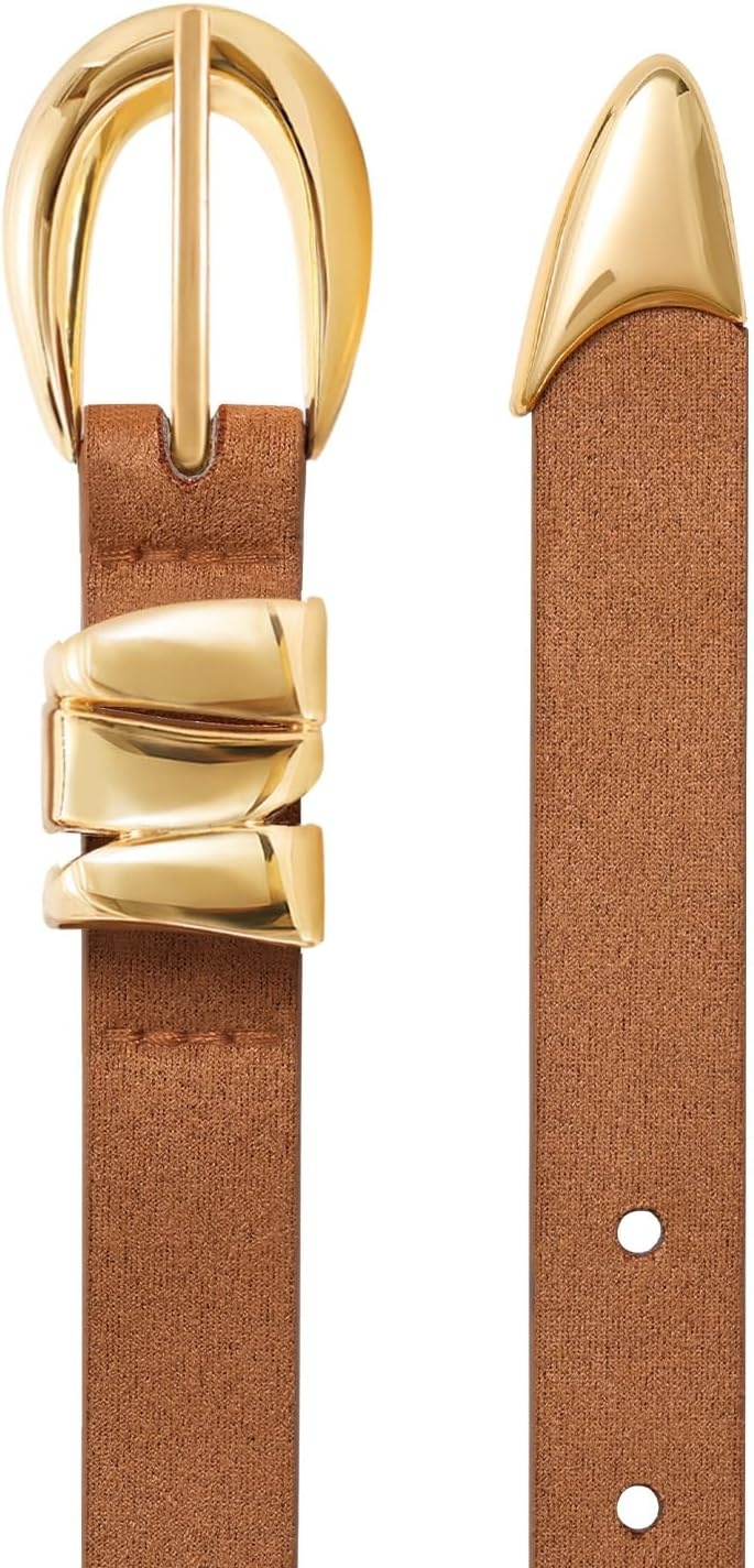 image:imageXZQTIVE Womens Skinny Leather Belts Ladies Thin Waist Belts for Jeans Dress Pants Trendy Black Belt with Gold BuckleSuede Browngolden Buckle