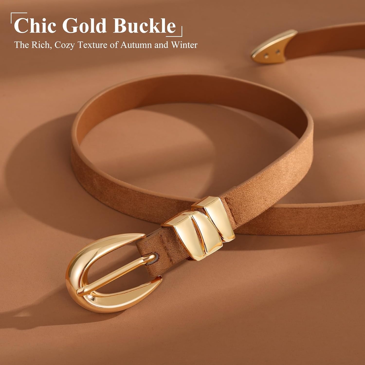 image:imageXZQTIVE Womens Skinny Leather Belts Ladies Thin Waist Belts for Jeans Dress Pants Trendy Black Belt with Gold BuckleSuede Browngolden Buckle