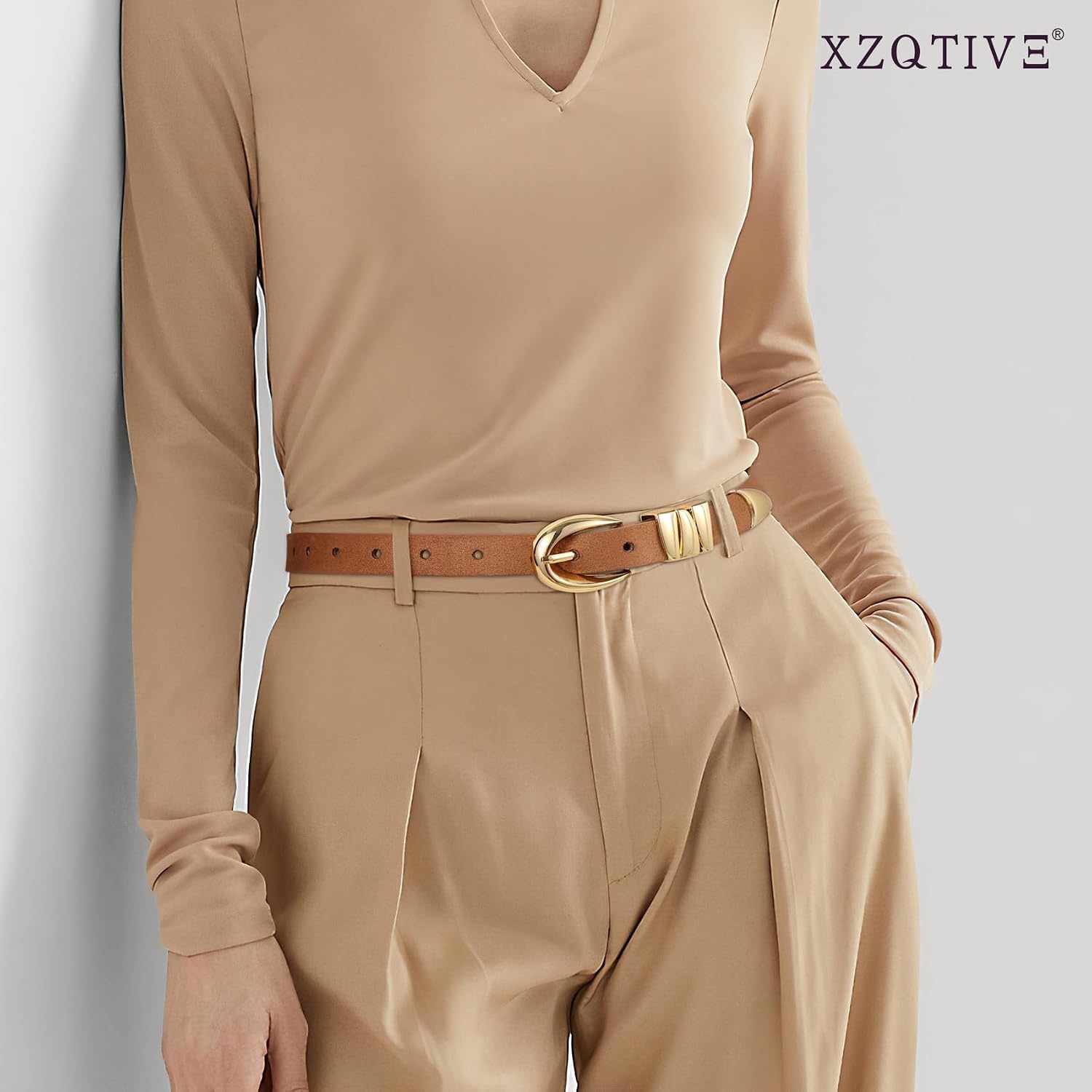 image:imageXZQTIVE Womens Skinny Leather Belts Ladies Thin Waist Belts for Jeans Dress Pants Trendy Black Belt with Gold BuckleSuede Browngolden Buckle