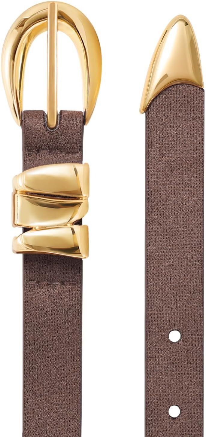 image:imageXZQTIVE Womens Skinny Leather Belts Ladies Thin Waist Belts for Jeans Dress Pants Trendy Black Belt with Gold BuckleSuede Coffeegolden Buckle