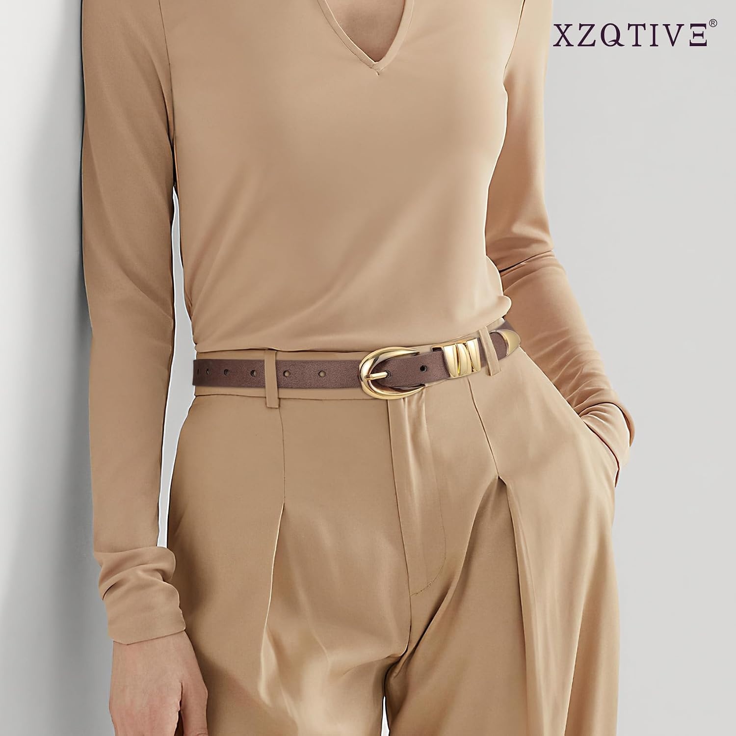 image:imageXZQTIVE Womens Skinny Leather Belts Ladies Thin Waist Belts for Jeans Dress Pants Trendy Black Belt with Gold BuckleSuede Coffeegolden Buckle