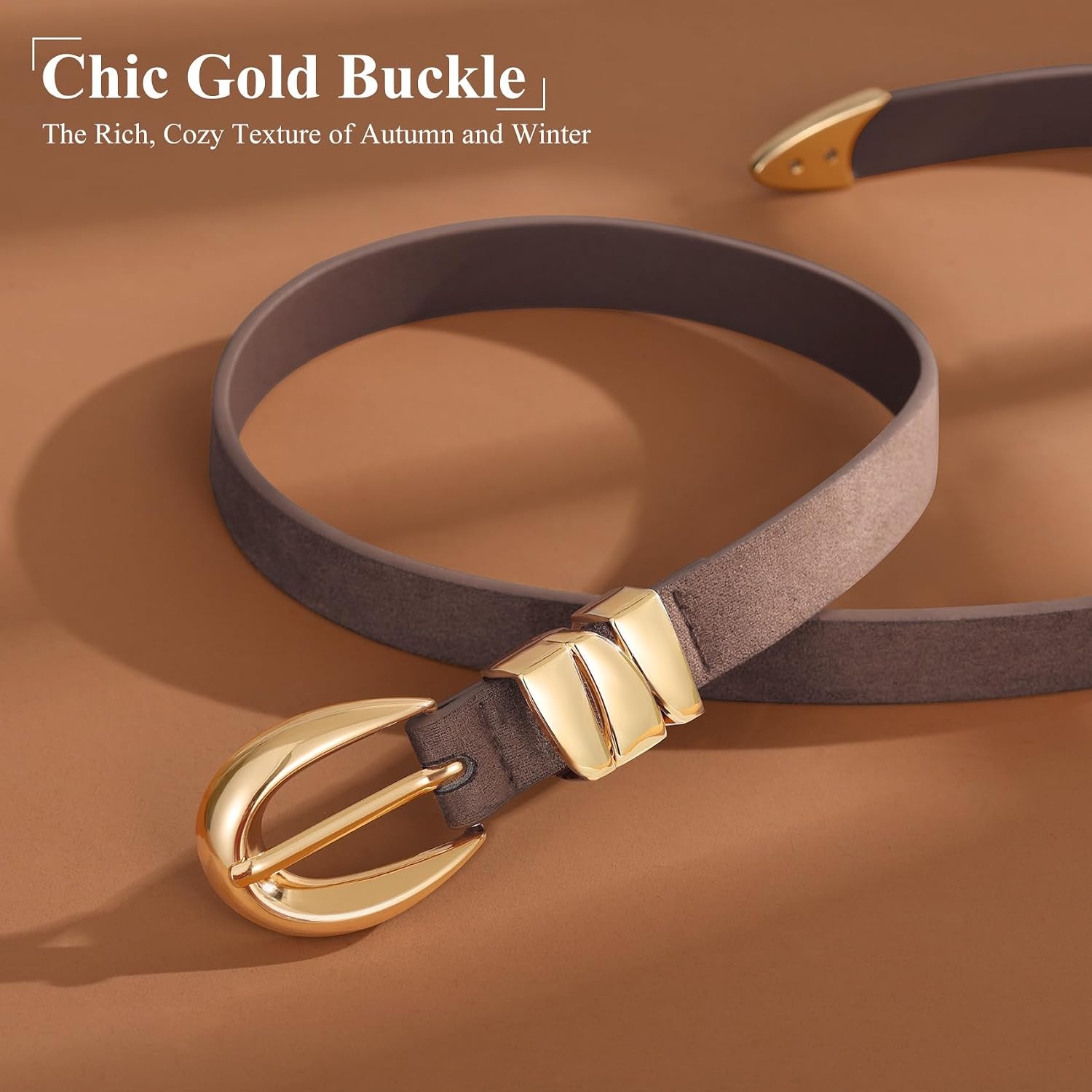 image:imageXZQTIVE Womens Skinny Leather Belts Ladies Thin Waist Belts for Jeans Dress Pants Trendy Black Belt with Gold BuckleSuede Coffeegolden Buckle