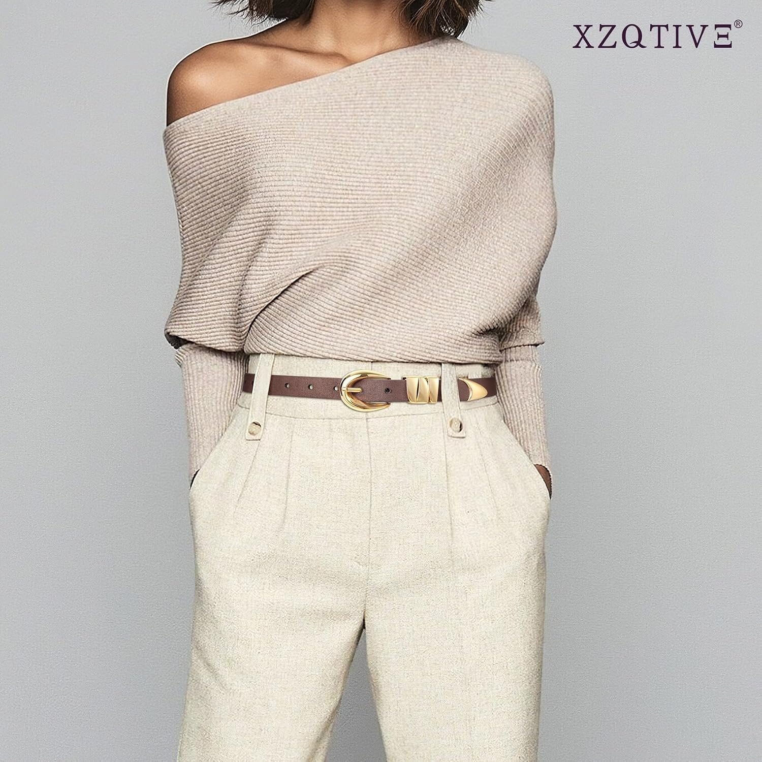 image:imageXZQTIVE Womens Skinny Leather Belts Ladies Thin Waist Belts for Jeans Dress Pants Trendy Black Belt with Gold BuckleSuede Coffeegolden Buckle