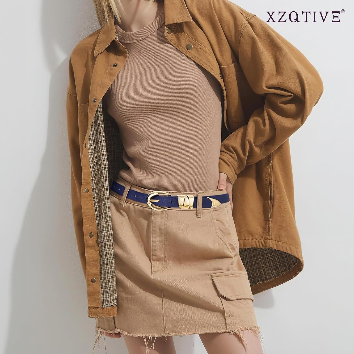 image:imageXZQTIVE Womens Skinny Leather Belts Ladies Thin Waist Belts for Jeans Dress Pants Trendy Black Belt with Gold BuckleSuede Navy Bluegolden Buckle