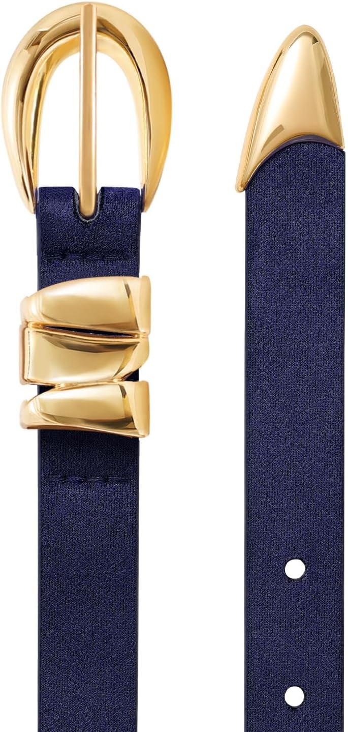 image:imageXZQTIVE Womens Skinny Leather Belts Ladies Thin Waist Belts for Jeans Dress Pants Trendy Black Belt with Gold BuckleSuede Navy Bluegolden Buckle