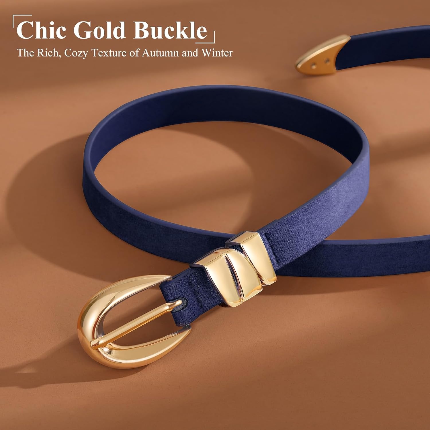 image:imageXZQTIVE Womens Skinny Leather Belts Ladies Thin Waist Belts for Jeans Dress Pants Trendy Black Belt with Gold BuckleSuede Navy Bluegolden Buckle