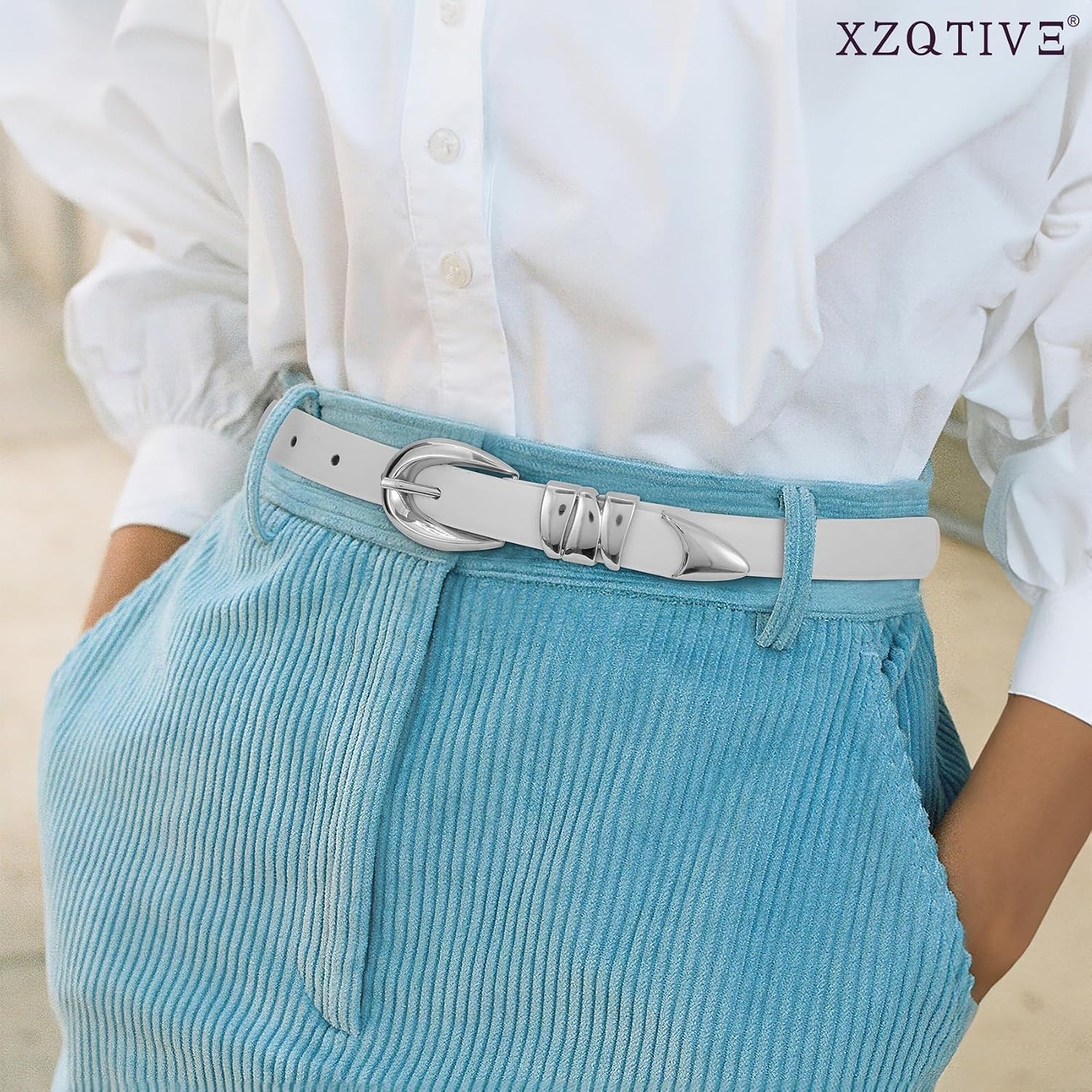 image:imageXZQTIVE Womens Skinny Leather Belts Ladies Thin Waist Belts for Jeans Dress Pants Trendy Black Belt with Gold BuckleWhitesilver Buckle