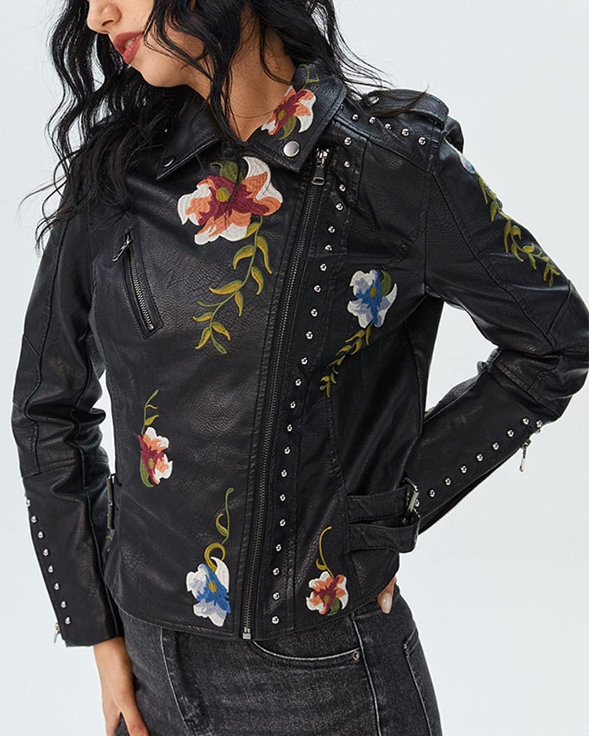 image:imageYILANUOYI Womens Embroidered Studded Faux Leather Jacket Moto Punk Jacket Floral CoatXhpy Black