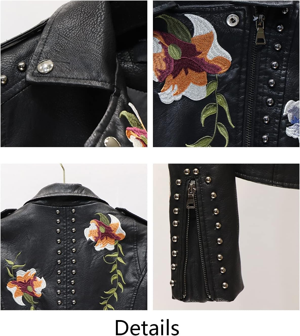 image:imageYILANUOYI Womens Embroidered Studded Faux Leather Jacket Moto Punk Jacket Floral CoatXhpy Black