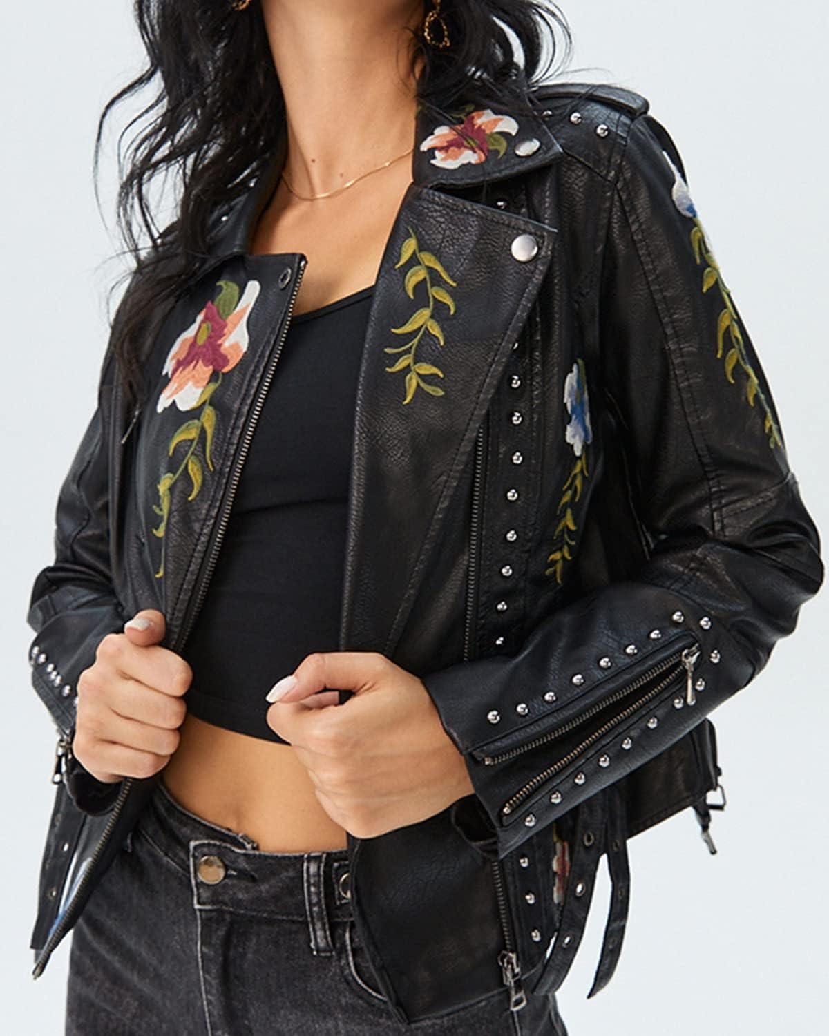 image:imageYILANUOYI Womens Embroidered Studded Faux Leather Jacket Moto Punk Jacket Floral CoatXhpy Black