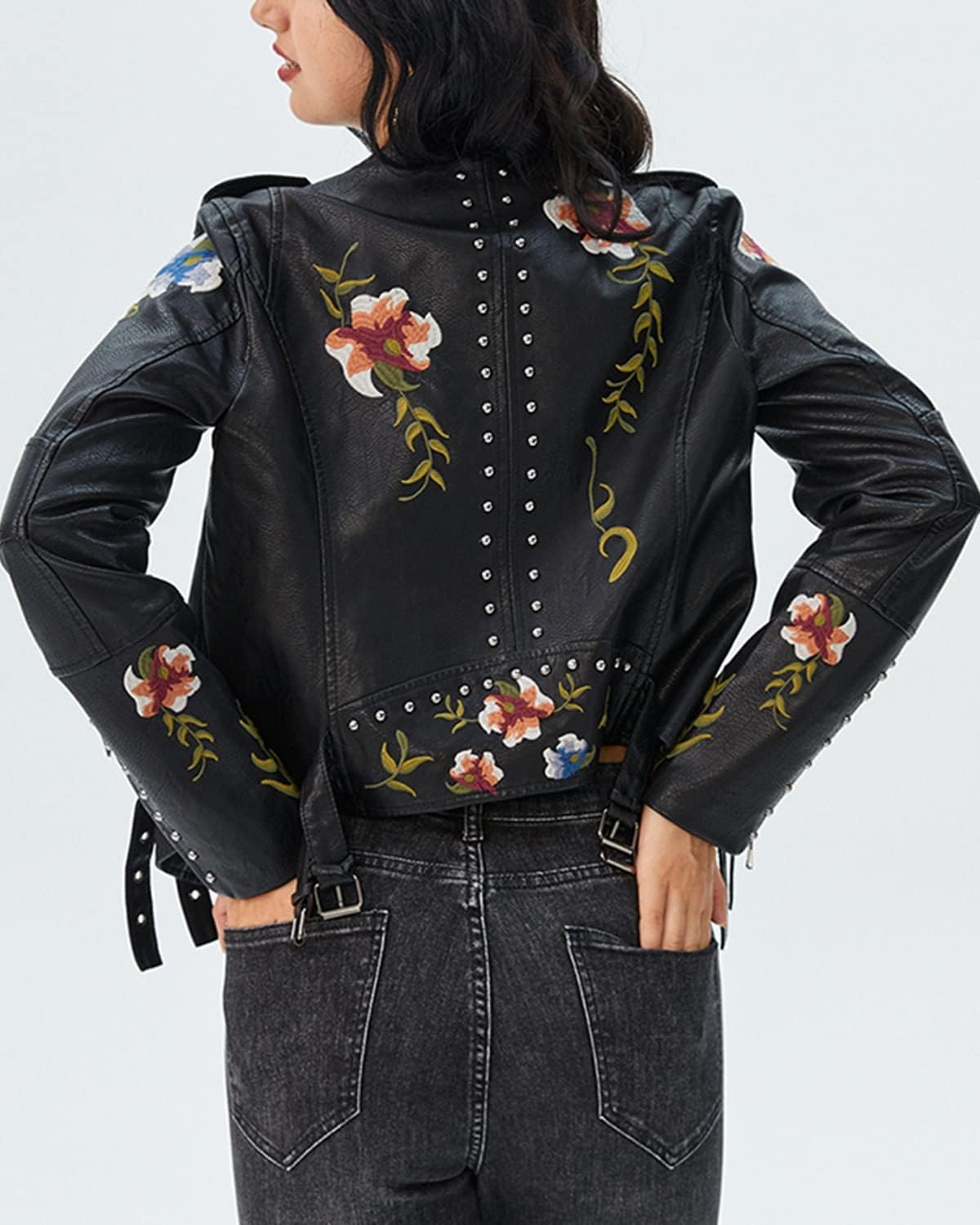 image:imageYILANUOYI Womens Embroidered Studded Faux Leather Jacket Moto Punk Jacket Floral CoatXhpy Black