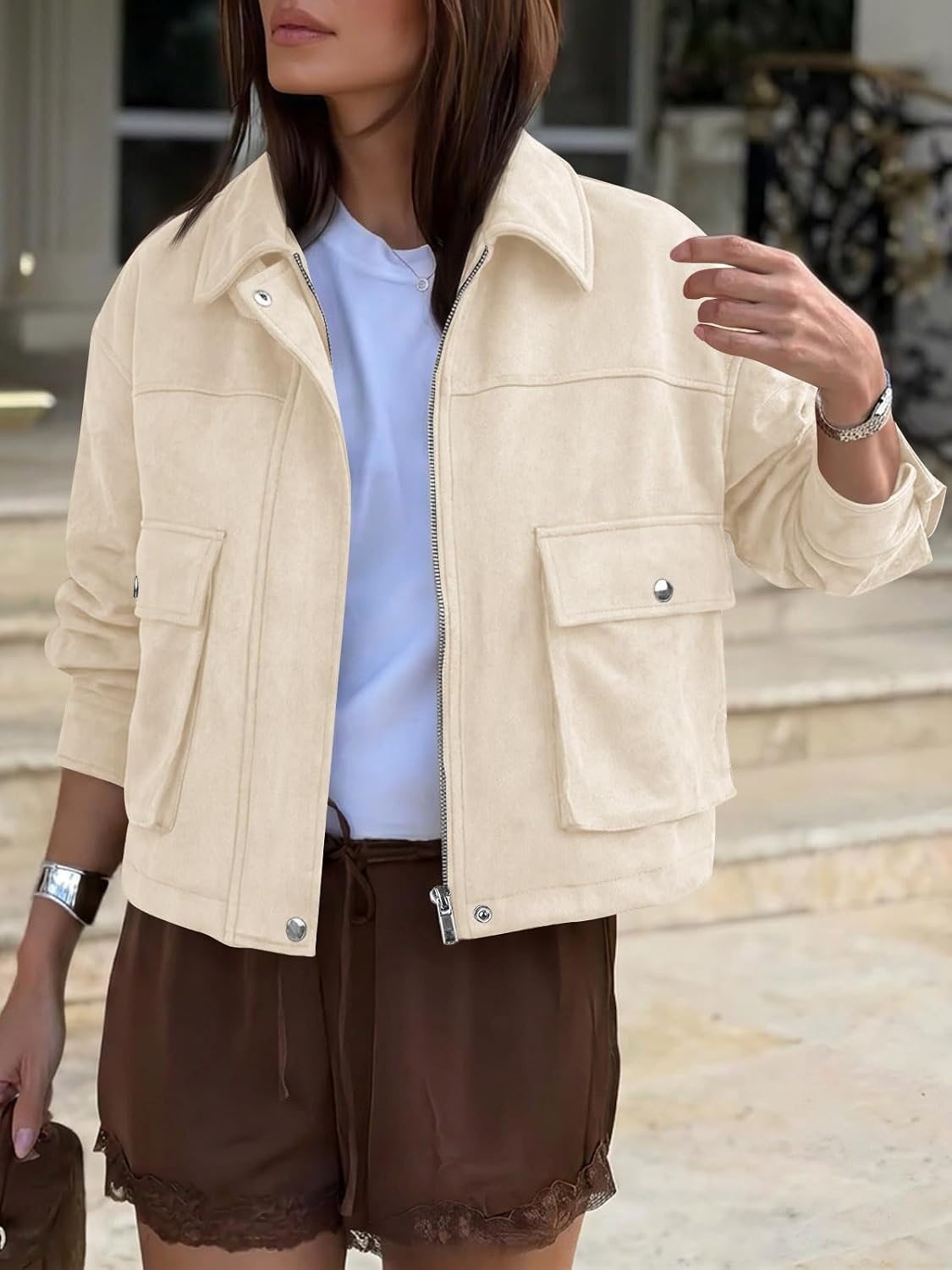 image:imageYousify Womens Faux Suede Bomber Jackets Fall Cropped Zip Up Jacket CoatBeige