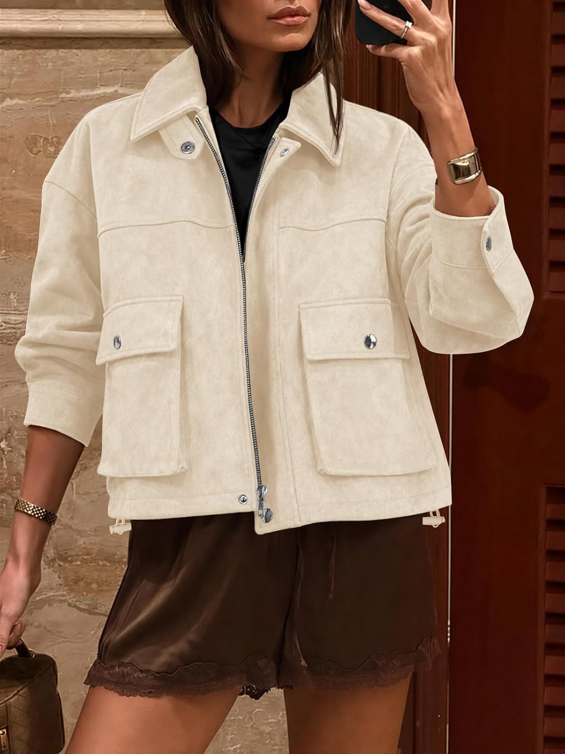 image:imageYousify Womens Faux Suede Bomber Jackets Fall Cropped Zip Up Jacket CoatBeige
