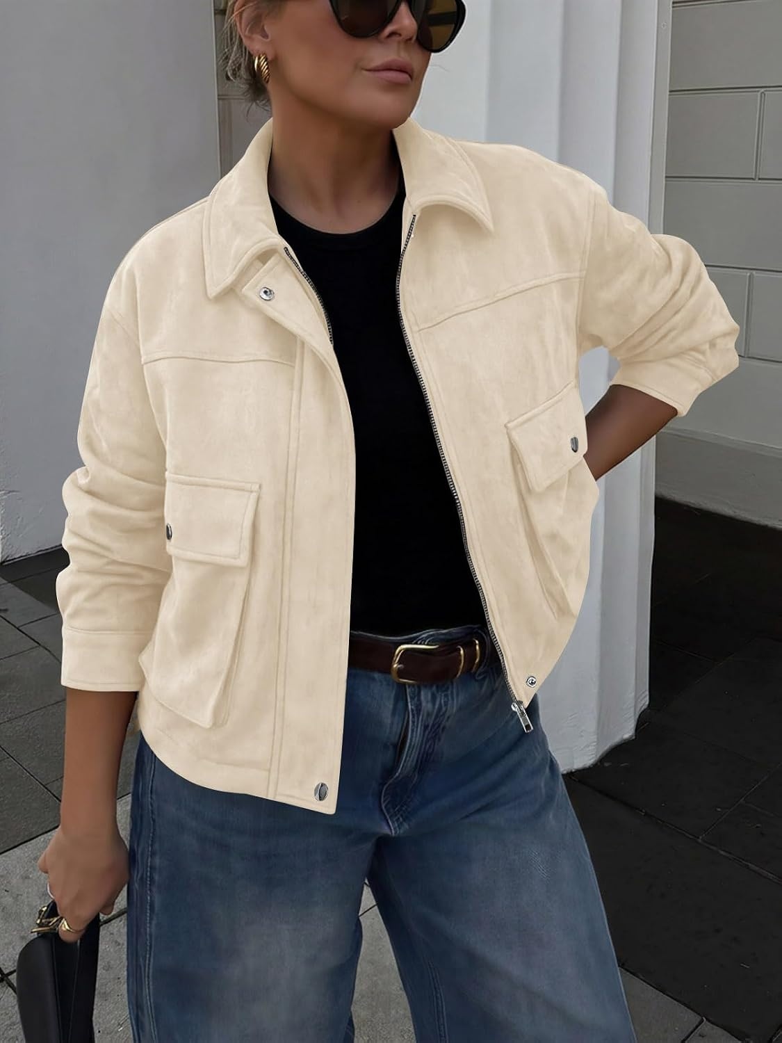image:imageYousify Womens Faux Suede Bomber Jackets Fall Cropped Zip Up Jacket CoatBeige