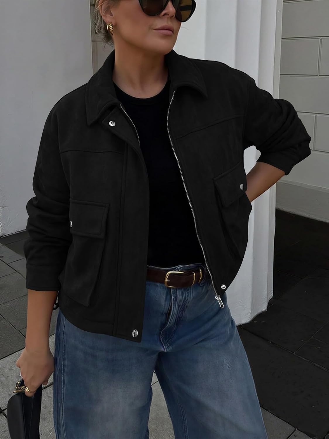 image:imageYousify Womens Faux Suede Bomber Jackets Fall Cropped Zip Up Jacket CoatBlack