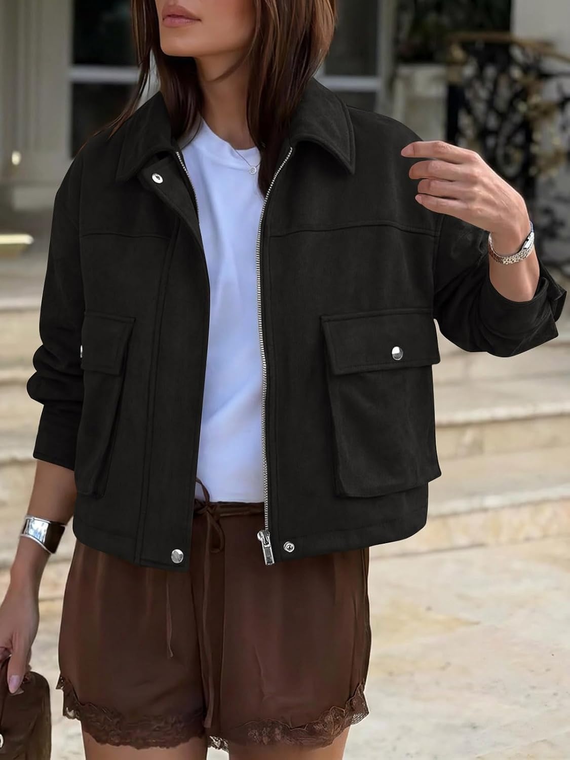 image:imageYousify Womens Faux Suede Bomber Jackets Fall Cropped Zip Up Jacket CoatBlack