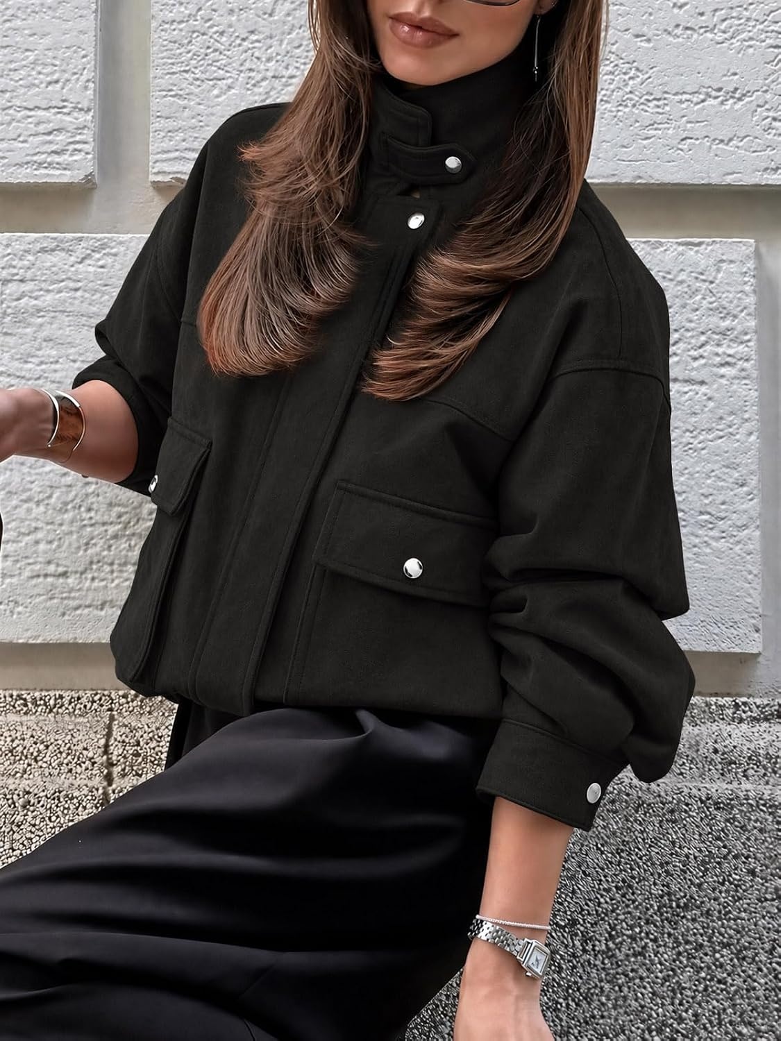 image:imageYousify Womens Faux Suede Bomber Jackets Fall Cropped Zip Up Jacket CoatBlack